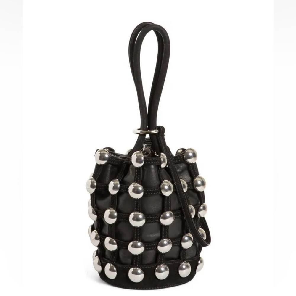 Silver Studded Bucket Bag: Purse, Card Holder, with double straps